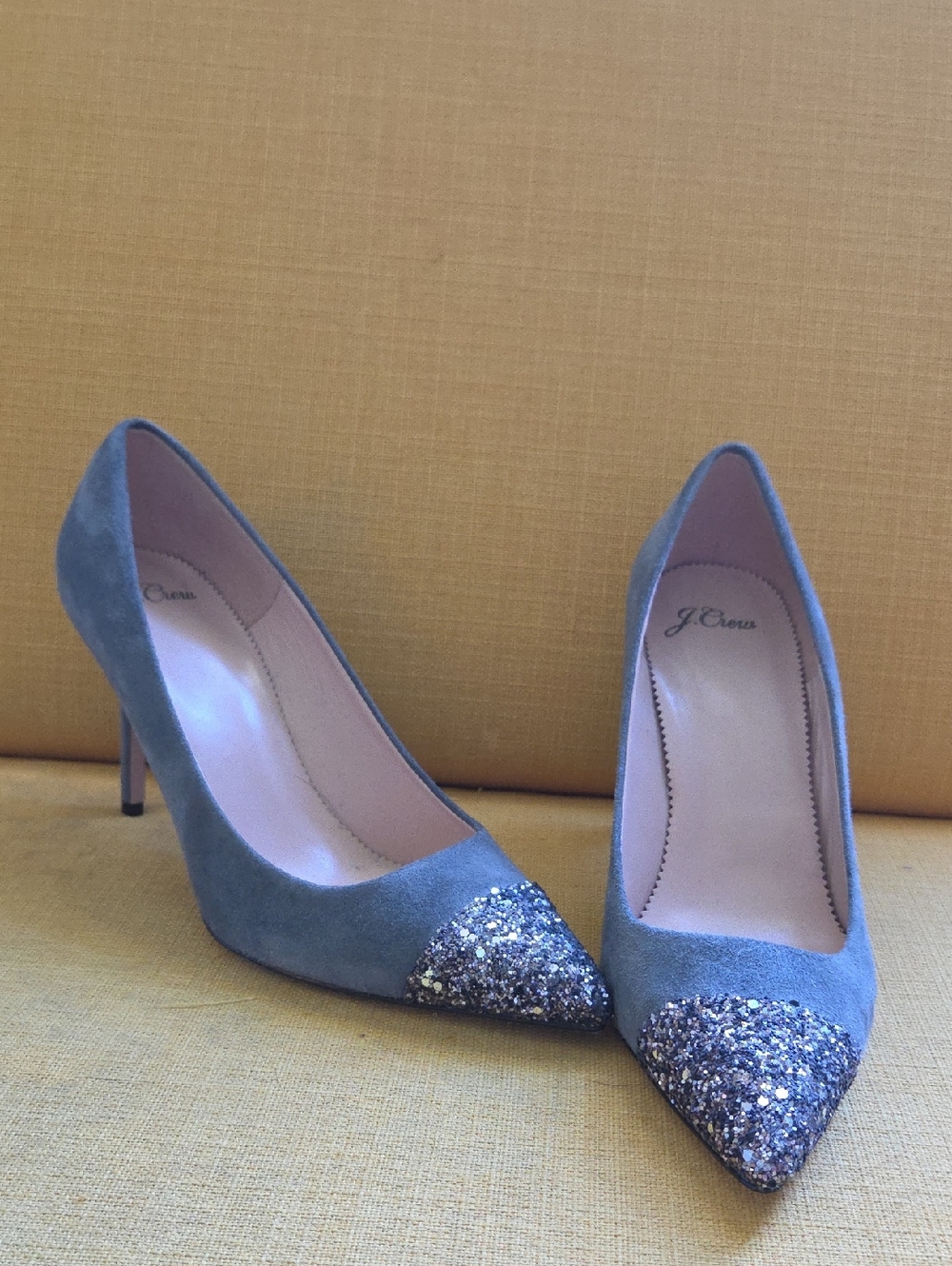 J. Crew Slate Grey Suede Pump With Glitter Toe - Made In Italy